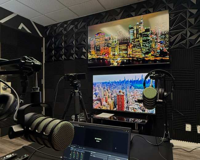 The image shows a recording studio with two large screens displaying cityscapes, a laptop with audio software, and microphones positioned on a wooden desk.