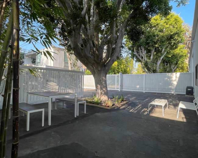 The image shows a spacious outdoor area featuring a large tree, two white benches, and fencing, with clear blue skies above.