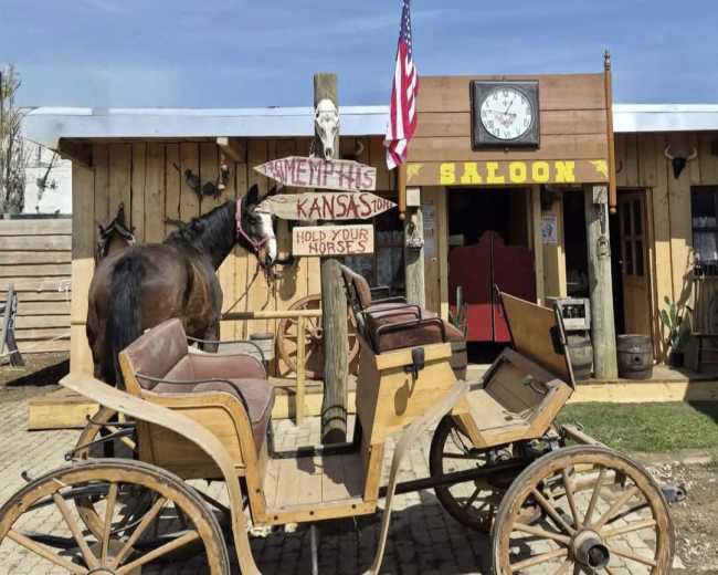 A horse-drawn carriage is parked in front of a rustic saloon with a wooden sign that reads "Hold Your Horses" and an American flag waving overhead.