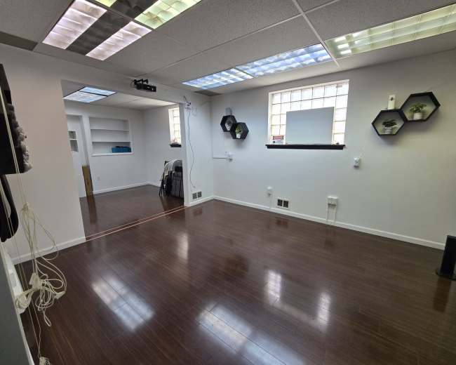 A spacious, brightly lit room with wooden flooring, white walls, and geometric wall decor, featuring plants in hexagonal fixtures.