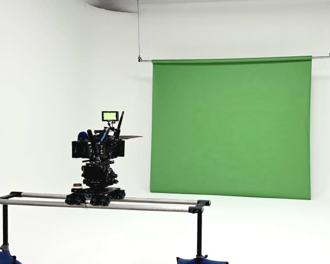 A camera on a dolly faces a green screen in a minimalist studio setting.
