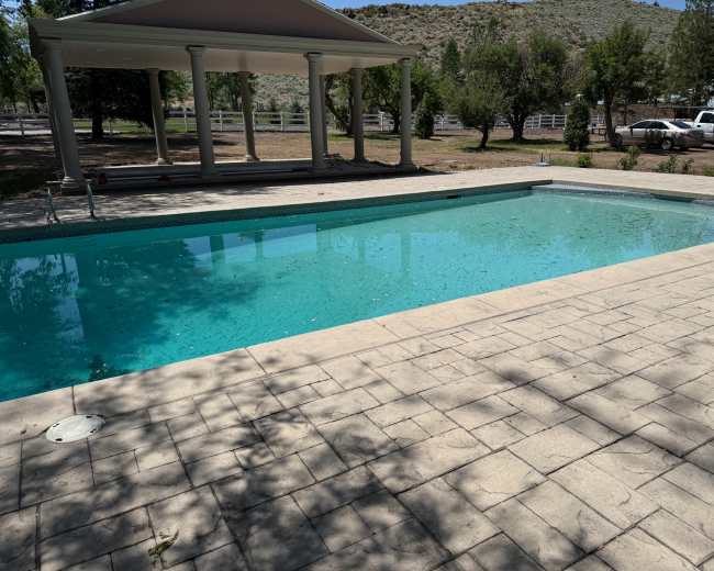 The image shows a rectangular swimming pool surrounded by a stone patio and shaded by adjacent trees.