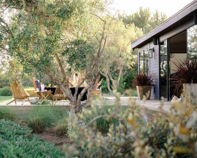 A wooden deck surrounded by greenery features outdoor seating and a table set for dining near a modern house.