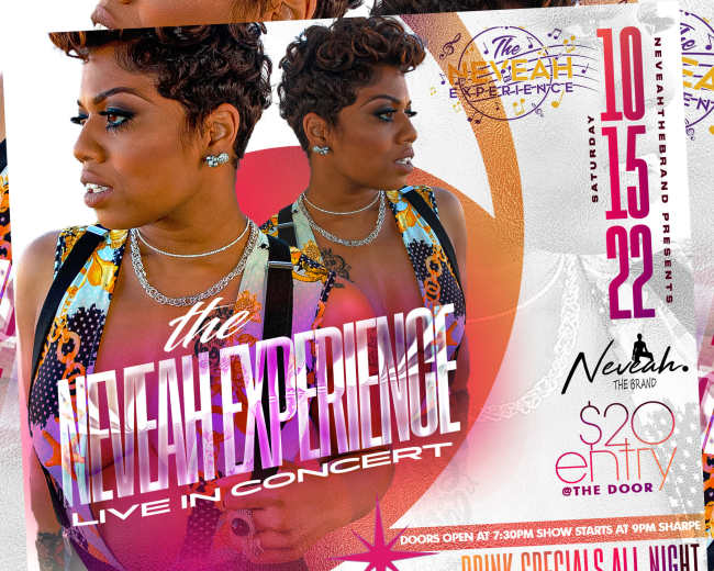 A promotional flyer for "The Neahl Experience" concert featuring a woman, with event details including the date, location, and entry fee.
