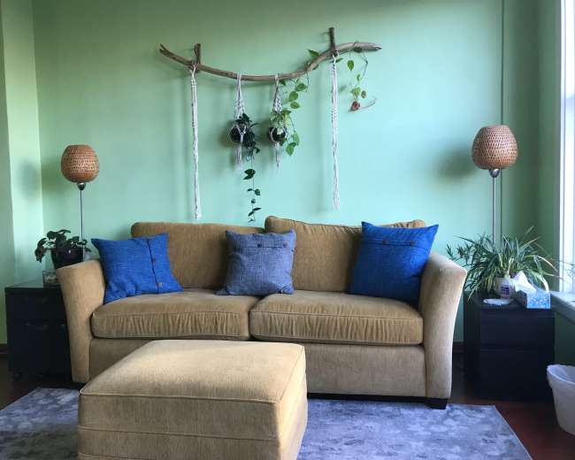 The image shows a living room with a green wall, a beige couch with blue and gray pillows, two wicker lamps, and a decorative hanging plant arrangement.
