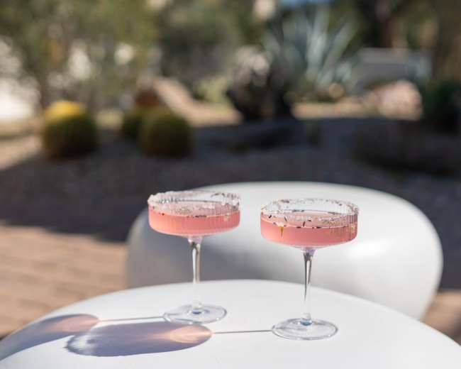 Two glasses of pink cocktails are placed on a white table in a garden setting with blurred greenery in the background.