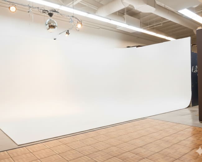 The image shows a spacious studio with a white backdrop curved at the edges and a wooden floor.