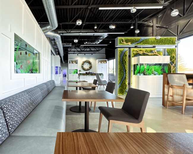 The interior of a modern cafe features a long bench, wooden tables, and an aquarium display against a white wall.