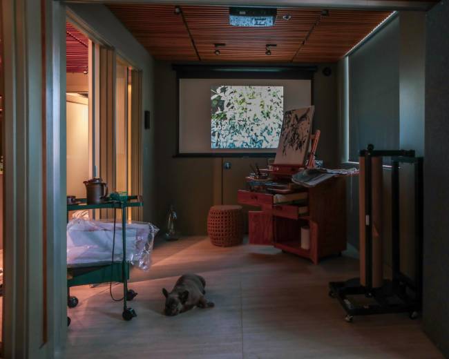 A dog lies on the floor in a room featuring a projection screen, various furniture pieces, and art supplies.