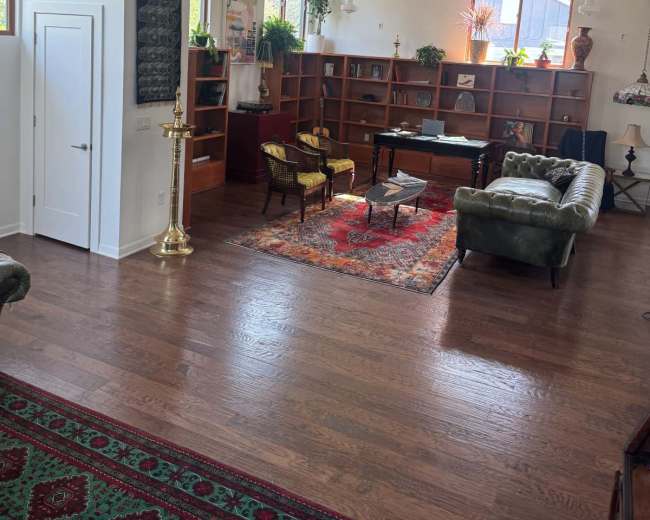 The image shows a spacious living room featuring a mix of wooden furniture, a large bookshelf, plants, and a patterned rug on the hardwood floor.