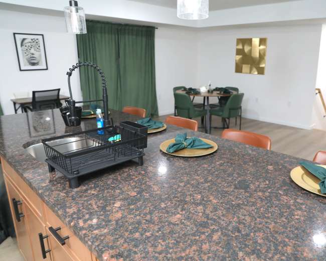 The image shows a modern kitchen with a granite countertop, featuring a drying rack and neatly arranged dinner plates, while a dining area with green curtains and a gold wall decoration can be seen in the background.