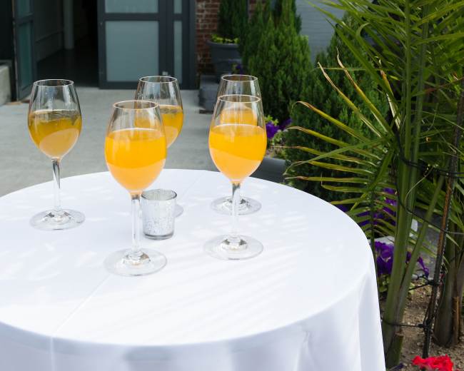 Four glasses of orange drink are placed on a round table covered with a white tablecloth, beside a palm plant and a brick wall.
