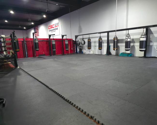 The image shows a spacious boxing gym featuring several hanging punching bags, a padded floor, and a red training area in the background.