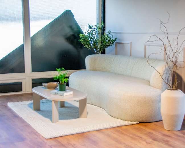 A modern, curved sofa is positioned next to a round coffee table on a textured rug, with potted plants and decorative branches enhancing the minimalist decor of the room.