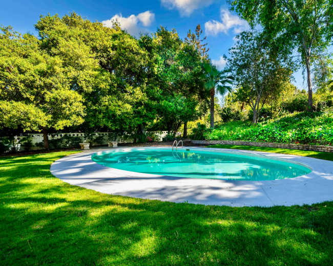 A curved swimming pool is surrounded by lush green grass and trees under a bright blue sky.