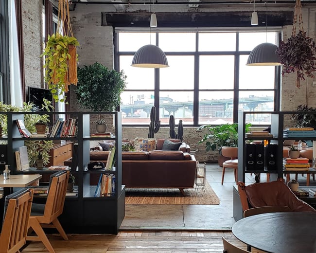 The image shows a stylish open-concept loft with large windows, a cozy seating area, and various plants arranged around shelves and furniture.