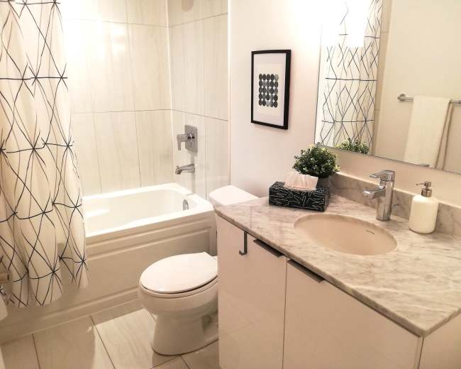 The image shows a modern bathroom featuring a bathtub with a shower, a sink with a marble countertop, and a decorative mirror.