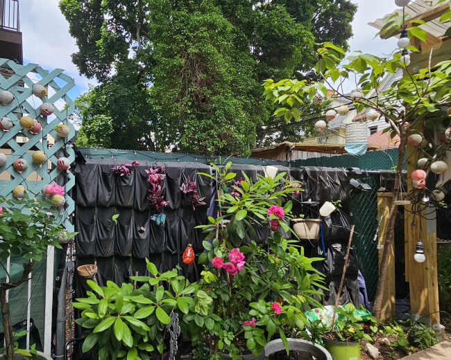 A garden area features a vertical wall covered with black fabric and colorful flowers, alongside decorative fence panels and hanging plants.