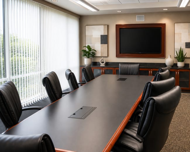 A modern conference room features a long black table surrounded by leather chairs, with large windows letting in natural light and abstract art on the walls.
