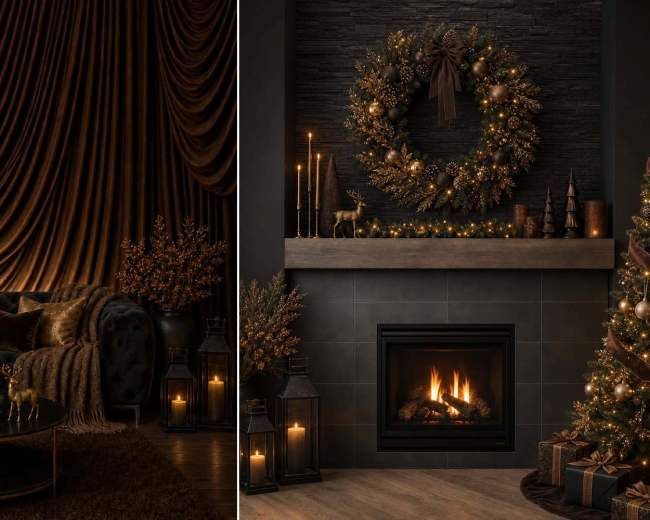 The image features a cozy holiday scene with a decorated Christmas tree on the left side and a fireplace adorned with a wreath and candles on the right, all set against a dark backdrop.