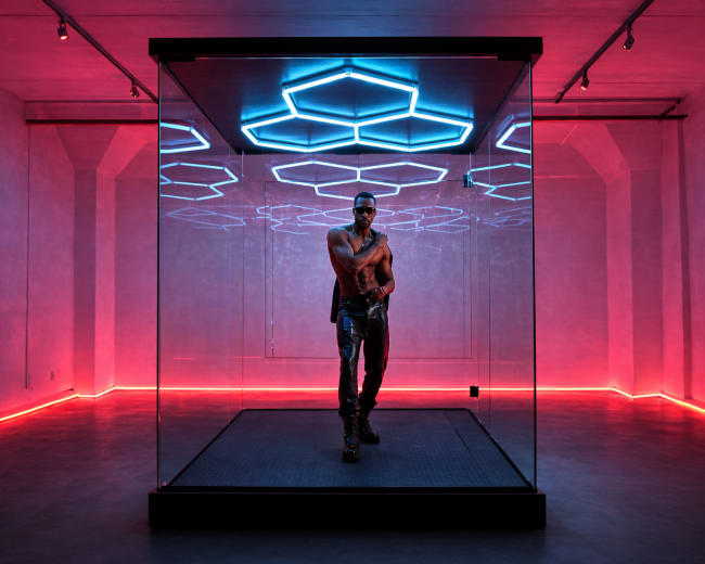A shirtless figure poses inside a glass cube surrounded by neon lights in a dimly lit room.