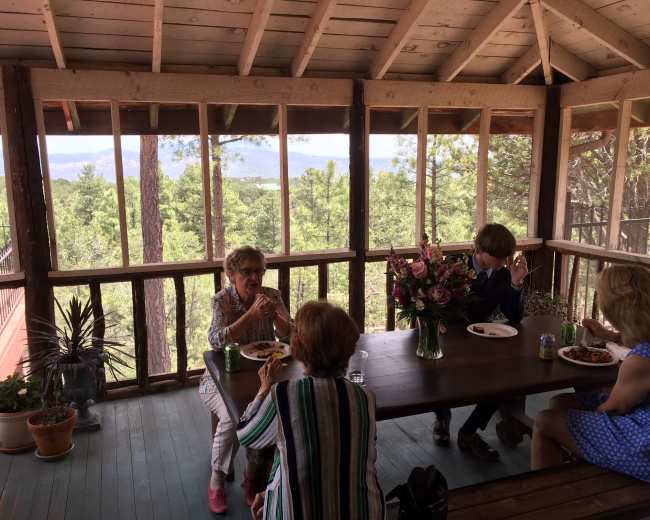 Four people are seated at a wooden table in a sunlit, screened-in porch, enjoying a meal with a view of a forest.
