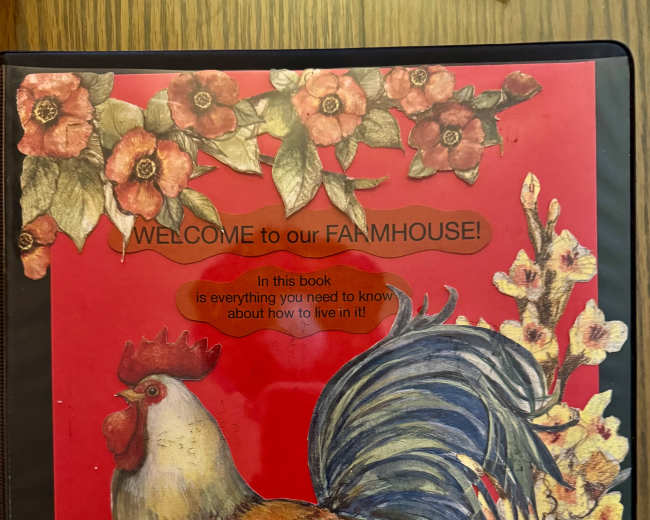 The image shows a colorful cover of a book featuring a rooster, flowers, and text that reads "WELCOME to our FARMHOUSE!" along with a subtitle about the book's content.