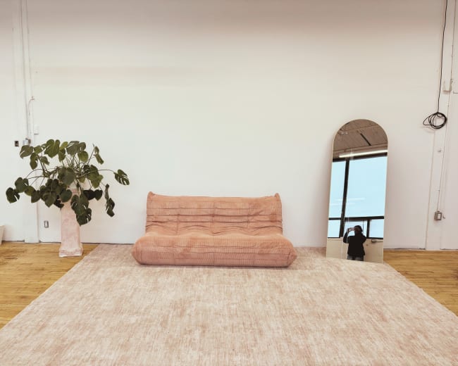 The image shows a minimalistic interior featuring a pink sofa, a large mirror, a potted plant, and a light-colored rug on a wooden floor.