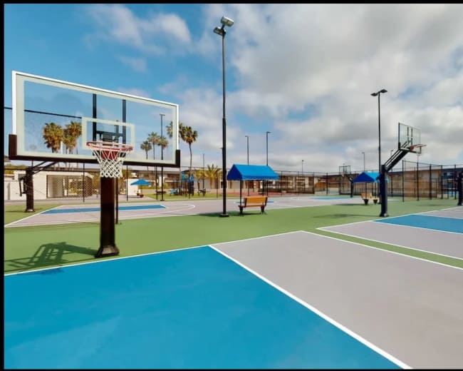 The image shows a brightly colored basketball court with multiple hoops, benches, and a backdrop of palm trees and cloudy skies.