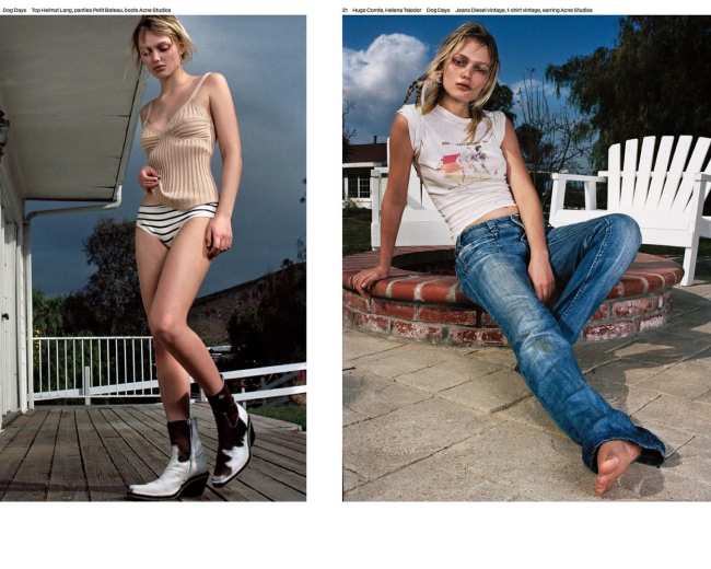 A woman posed on a wooden deck wearing a light-colored top and striped bottoms, alongside another seated on a patio wearing a graphic t-shirt and jeans.