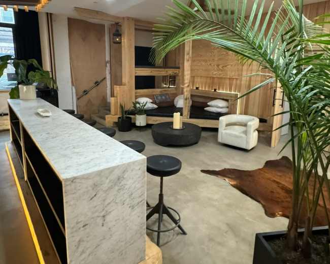 The image shows a modern interior space featuring a marble countertop, wooden accents, and various plants, with a seating area in the background.