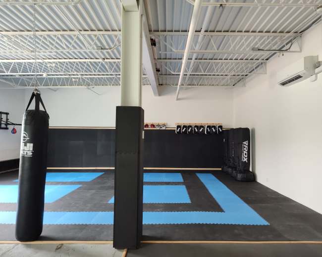 The image shows an empty martial arts training gym featuring a heavy bag, padded walls, and a blue tile floor arranged in a geometric pattern.