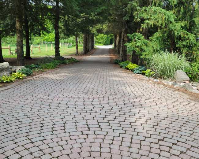 A brick pathway lined with trees leads toward a distant opening in a lush, green landscape.