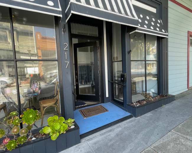 The entrance of a storefront features black and white striped awnings, blue flooring, and potted plants, with the address "217" displayed prominently.