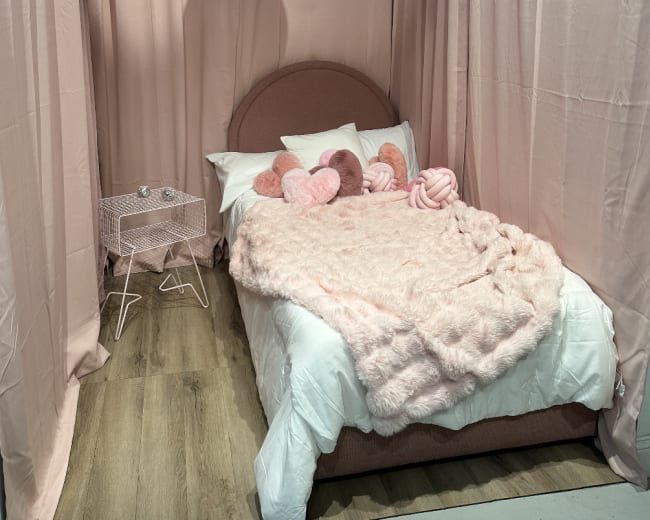 The image shows a neatly arranged bedroom with a pink bedspread, heart-shaped pillows, a disco ball hanging above, and pink curtains draping around the bed.