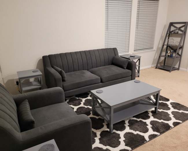 The image shows a living room with two gray sofas, a gray coffee table, and a bookshelf in a corner, all situated on a patterned rug.