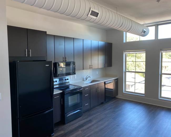 The image shows a modern kitchen with dark cabinets, stainless steel appliances, and large windows letting in natural light.