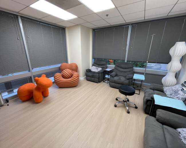 The room features two recliners, a rolling office chair, a small table, and a large orange animal-shaped chair, all set against large windows with blinds.