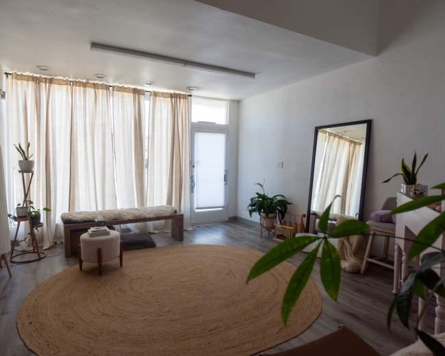The image shows a bright, minimalist room with large windows covered by sheer curtains, a round rug on the floor, a bench against the wall, and several plants arranged throughout the space.
