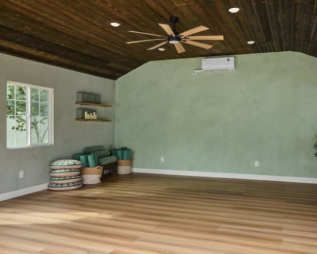 The room features a light green wall, wooden ceiling beams, a ceiling fan, wooden flooring, and minimal furnishings including a sofa and plants.