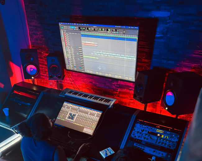Two individuals are working on music production in a recording studio, focused on a computer screen displaying audio tracks and equipped with various sound equipment and a keyboard.