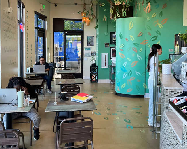The image shows a modern café interior featuring green walls, hanging decorations, and a mix of seating arrangements with customers at tables and a counter.