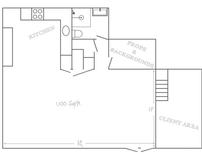 A floor plan of a space labeled with areas for a kitchen, client area, and props & backgrounds, measuring a total of 1,100 square feet.