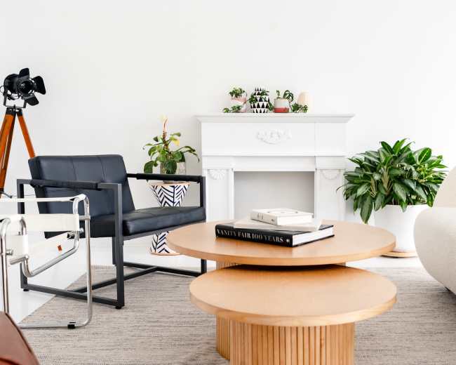 The image depicts a modern living room featuring a circular wooden coffee table, a white couch, a black armchair, and decorative plants arranged around a white fireplace.
