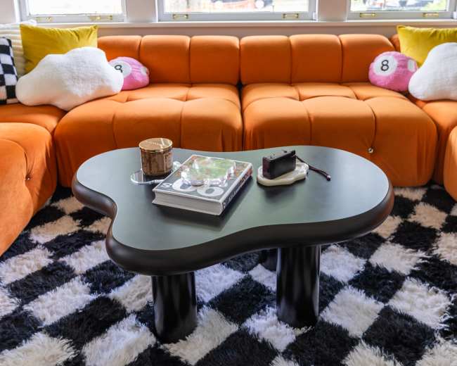 The image shows a bright living room with an orange sectional sofa, a black coffee table, and a shaggy black and white rug, all set near large windows with a view of the outdoors.