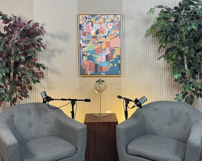 The image shows a cozy interview setup featuring two gray armchairs, a wooden side table with a lamp, and two microphones positioned in front of a colorful abstract painting and faux plants.