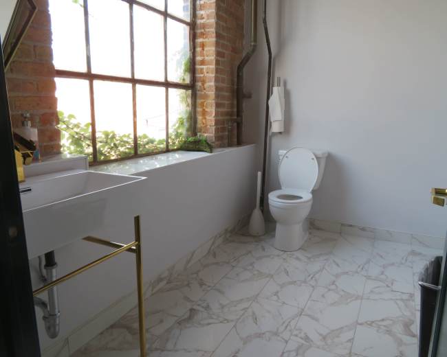 The image shows a bathroom with a toilet and a sink against a brick wall and a large window letting in natural light.