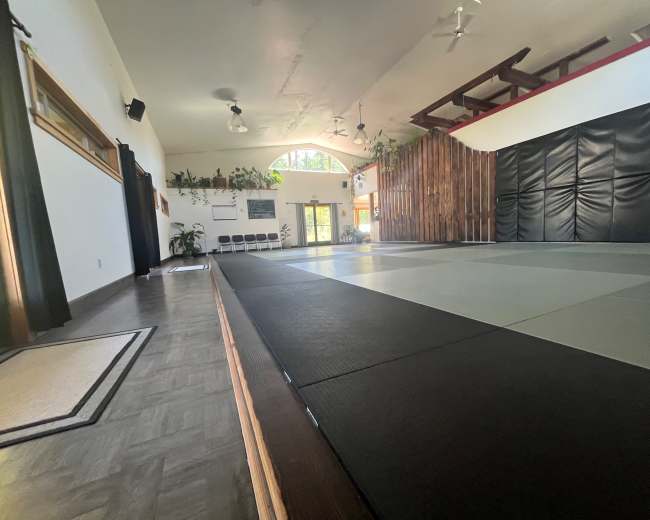 The image shows the interior of a spacious martial arts studio with a matted training area, wooden walls, and large windows allowing natural light to enter.