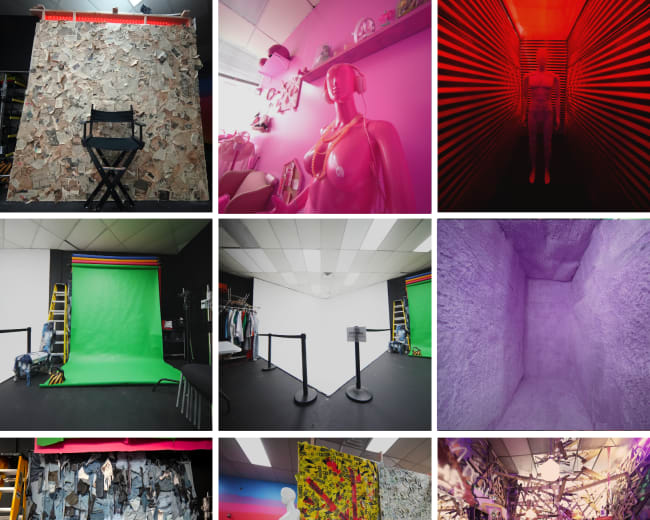 The image displays a collage of various artistic and colorful studio scenes featuring a range of backgrounds, props, and mannequins set up for photography or video production.