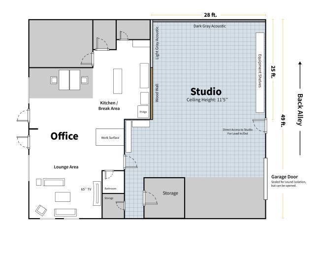 The layout diagram shows a workspace with an office, kitchen, lounge area, bathroom, storage, and a sound studio, with designated measurements for each section.
